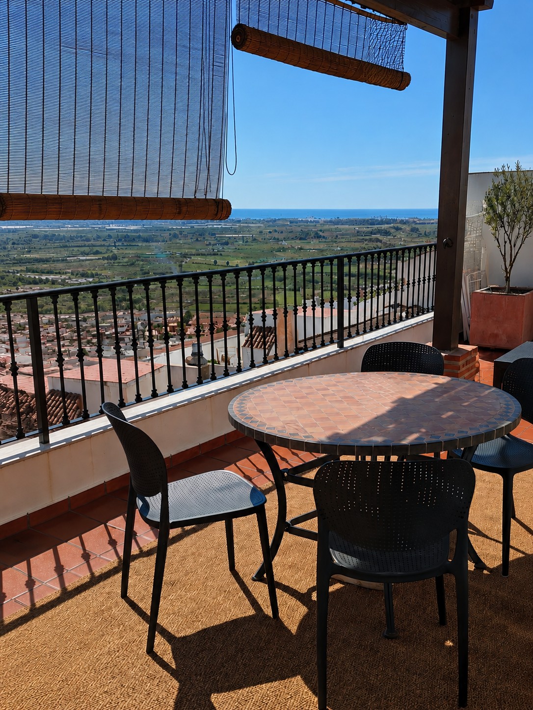 Panoramaterras met mozaïektafel, pergola, olijfboom en uitzicht op zee