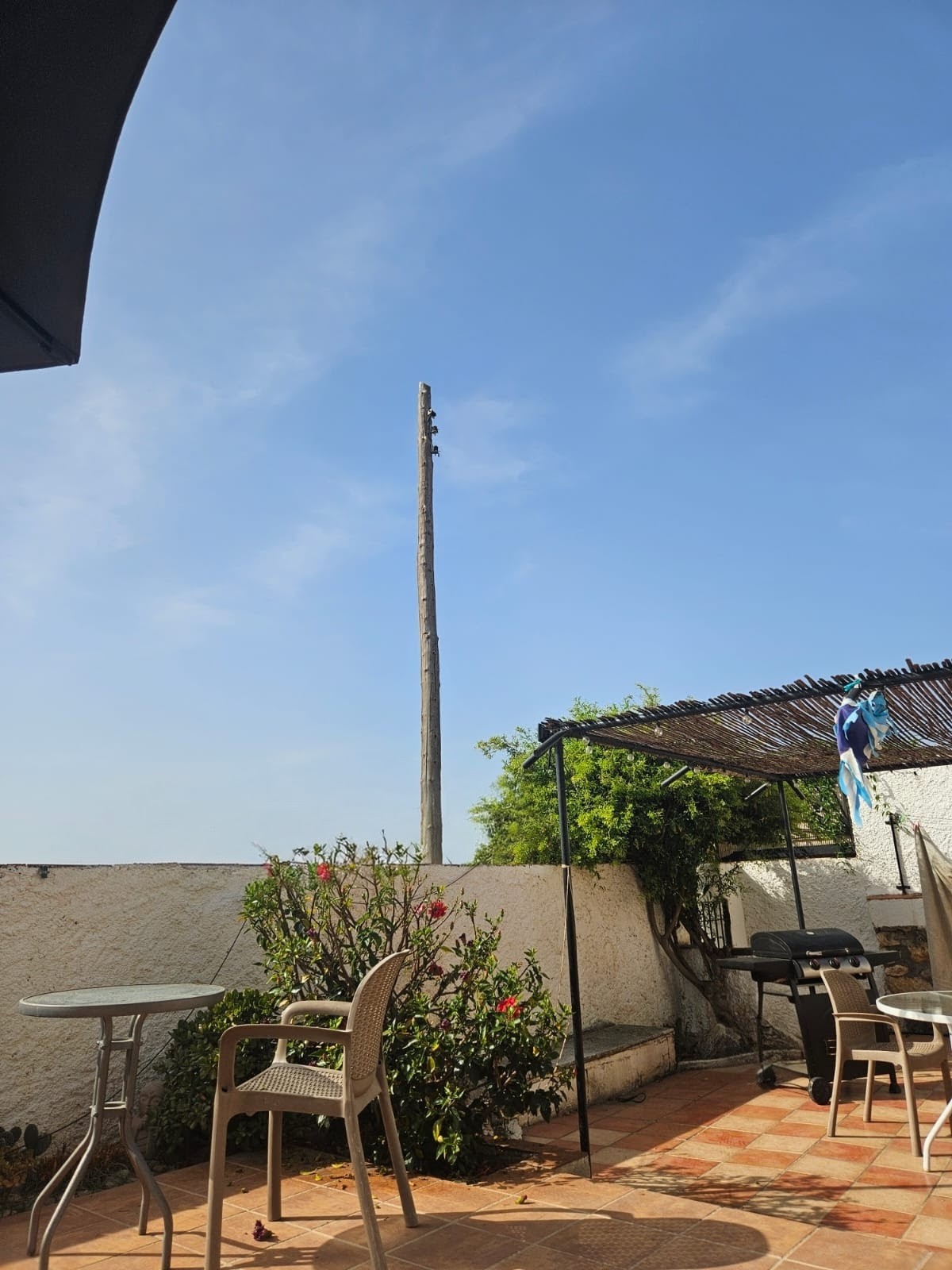 Terrace of Villa Merise with an old wooden telephone pole in the garden, without cables. In the background, a pergola with a dining table and seating area, surrounded by plants along the terrace.