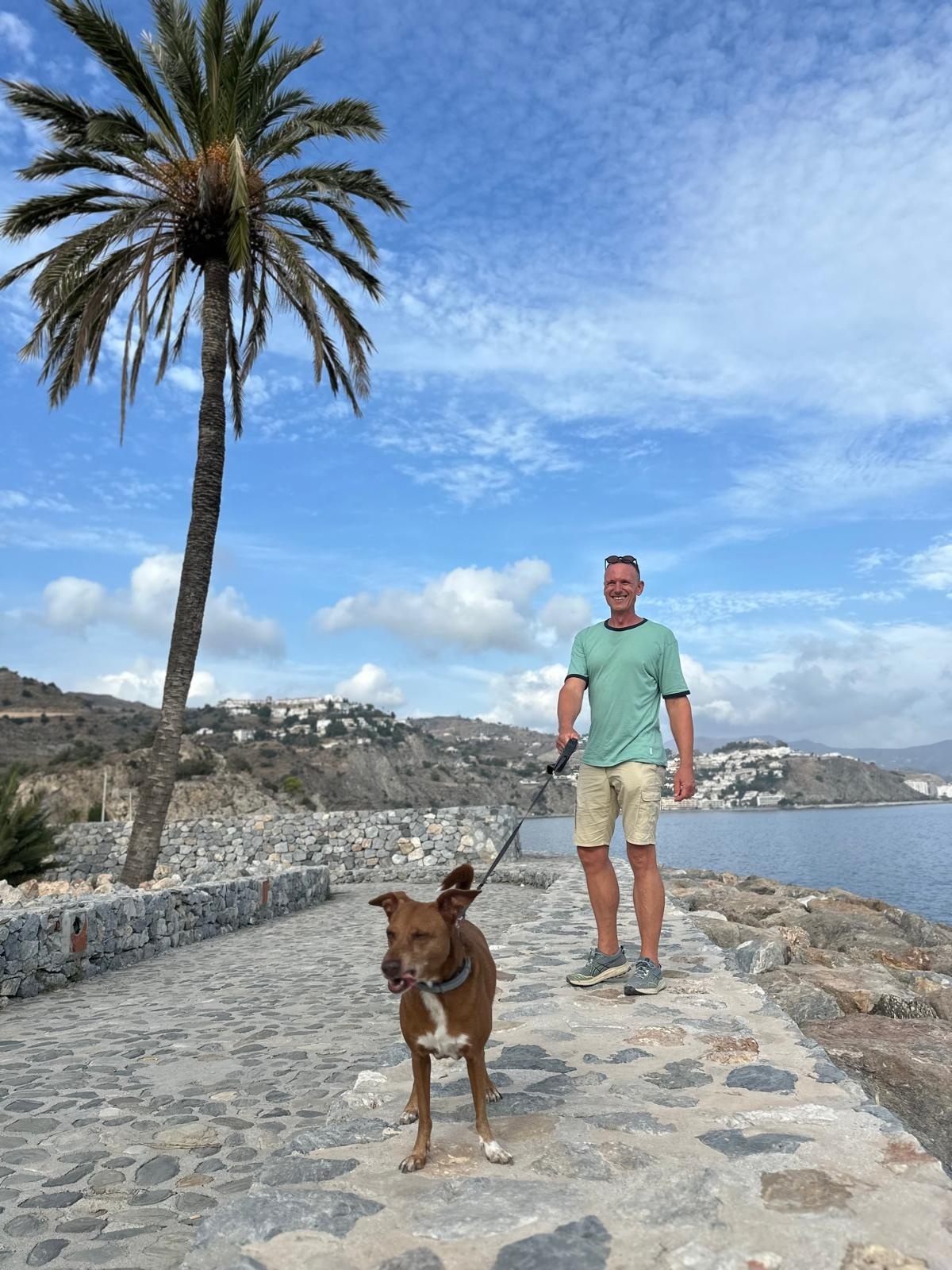 Reijer met podenco Mèlo wandelend op het pad van de vissers tussen Almuñécar en La Herradura (el Camino de los Pescadores), flagstone pad, links een grote dadelpalm, rechts en op de achtergrond de zee en Almuñécar, Reijer draagt een groen shirt