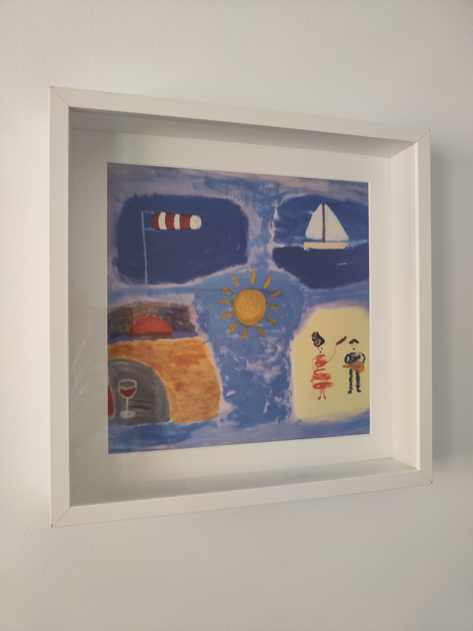 Schilderij Zomer van Johan 2006 met zon, windvaan, zeilboot, strand, rode wijn en flamencodanseres